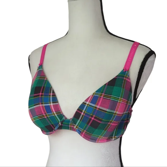 Victoria's Secret Underwire Lined Perfect Coverage Plaid Bra 36C Pink Green - Picture 2 of 16